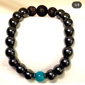 Black Hematite and Lava Rock and Blue Beaded Bracelet, unisex